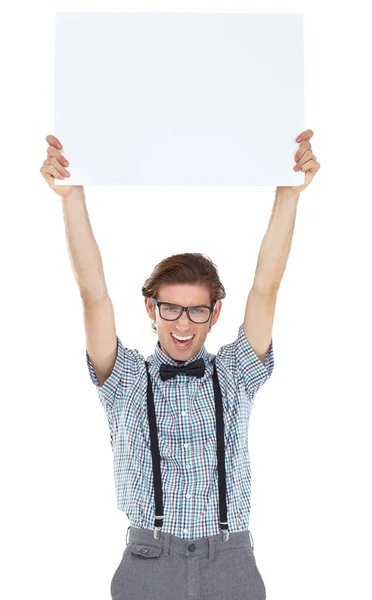 Hes proud to bring you something brand new. Portrait of an excited young man holding up a white sign. — Stock Photo, Image