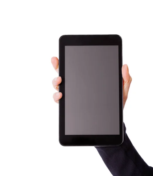 Trabalho ou jogo, este tablet é para você. Tiro cortado de uma mulher irreconhecível segurando seu tablet digital contra um fundo branco. — Fotografia de Stock
