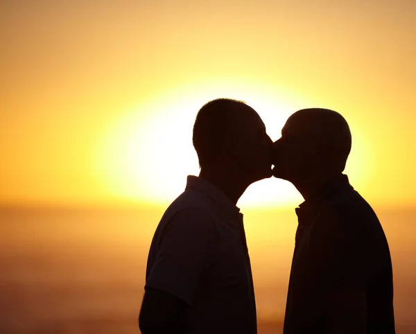 Zalige zonsondergang kus - gay paar. Sihlouette portret van homoseksueel koppel zoenen in de voorkant van een zonsondergang - copyspace. — Stockfoto