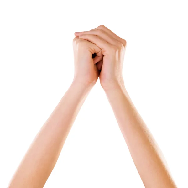 Kitartás. Kéz a kézben, ahogy egymásba kapaszkodnak, fehér alapon elszigetelve.. — Stock Fotó