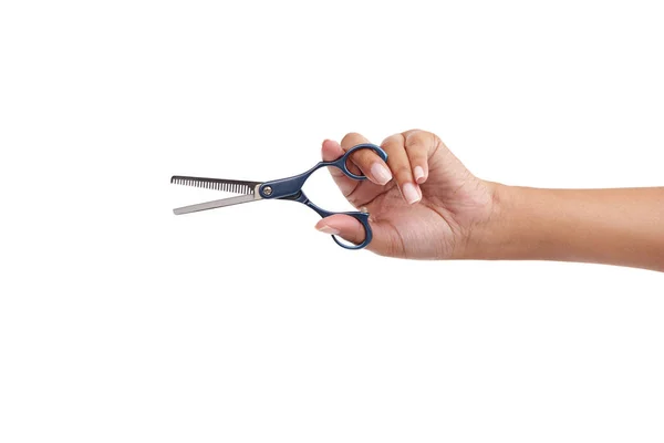 Time for a new hairstyle. Cropped shot of a woman holding a pair of haircutting scissors. — Stock Photo, Image