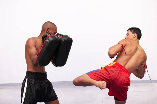 Sparar för att hålla sina reflexer skarpa. Två unga boxare tränar tillsammans i ett gym. — Stockfoto