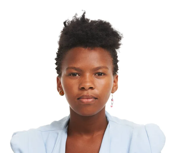 Jestem, kim jestem. Studio portret atrakcyjnej młodej Afrykanki pozowanie na białym tle. — Zdjęcie stockowe