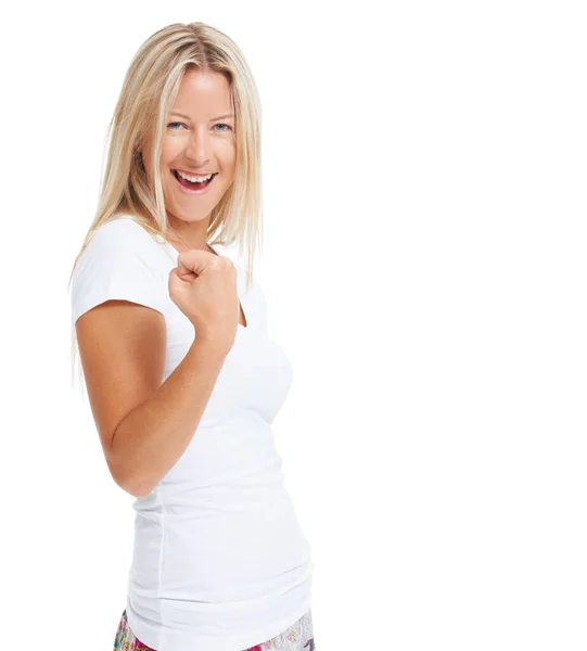 Yes, I can. Studio shot of a woman expressing triumph against a white background. — Stock Photo, Image