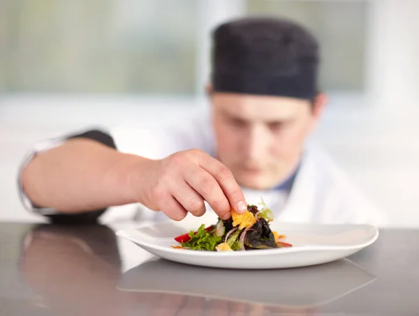 I do everything to perfection. Young chef putting the final perfect touches to his superbly prepared dish. — Stock Photo, Image