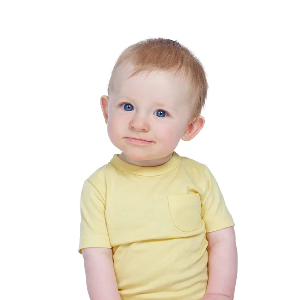 Miúdo curioso. Estúdio tiro de um menino bonito em uma camisa amarela. — Fotografia de Stock