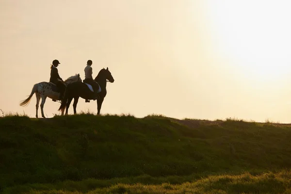 Ein Pferd ist die Projektion der Träume der Menschen. Aufnahme von zwei nicht wiedererkennbaren Frauen, die ihre Pferde draußen auf einem Feld reiten. — Stockfoto