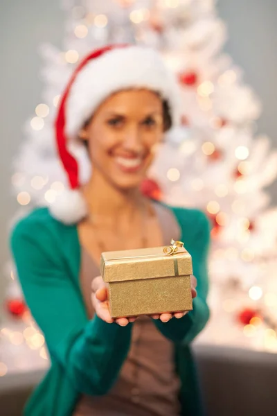 Geven is beter dan ontvangen. Schot van een mooie jonge vrouw die haar kerstcadeau vasthoudt. — Stockfoto