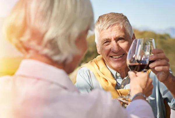 Merayakan hidup. Ditembak dari pasangan senior yang bahagia bersulang dengan gelas anggur mereka. — Stok Foto