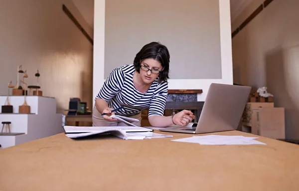努力工作是不可替代的。一张剪下来的照片，一个女人站在她的办公桌前，在她的笔记本电脑上工作. — 图库照片