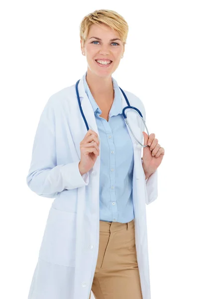 Your illness is her concern. A young female doctor standing against a white background. — Stock Photo, Image