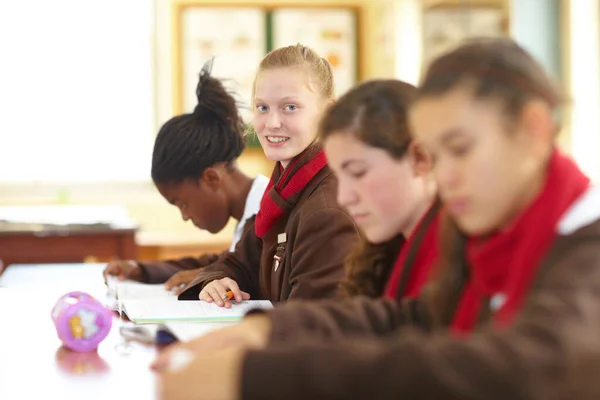 Trabajando duro en su educación. Fila de estudiantes de secundaria sentados en el aula. —  Fotos de Stock