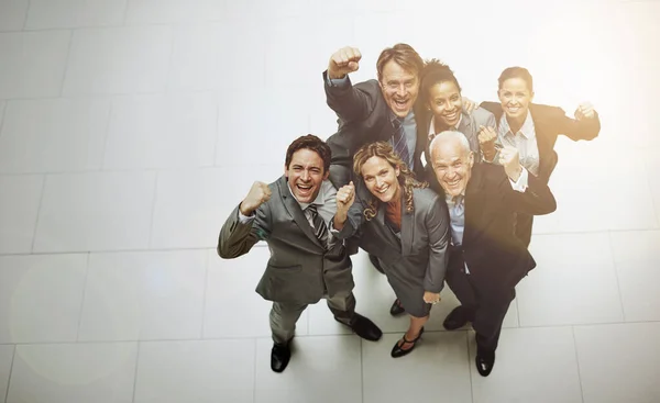 Lo logramos. Retrato de alto ángulo de un grupo de empresarios animando en el vestíbulo de la oficina. — Foto de Stock