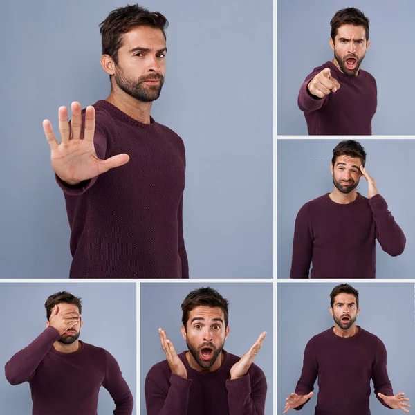 Going through the motions. Composite shot of a young man expressing different types of facial expressions inside of a studio. — Stock Photo, Image