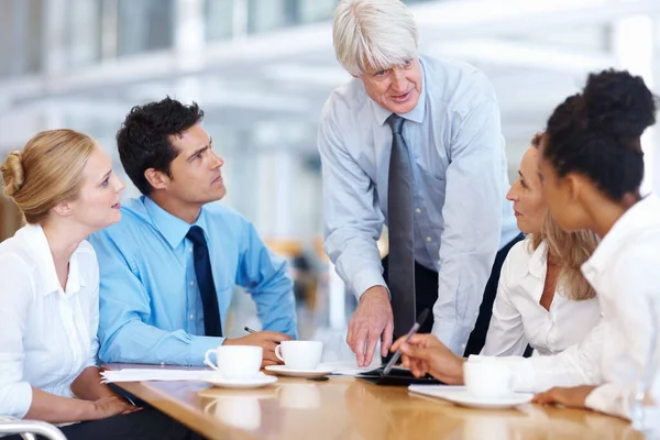 Úspěšný obchodní tým naslouchá svému vůdci. Portrét úspěšného obchodního týmu, který naslouchá svému vedoucímu ve funkci. — Stock fotografie