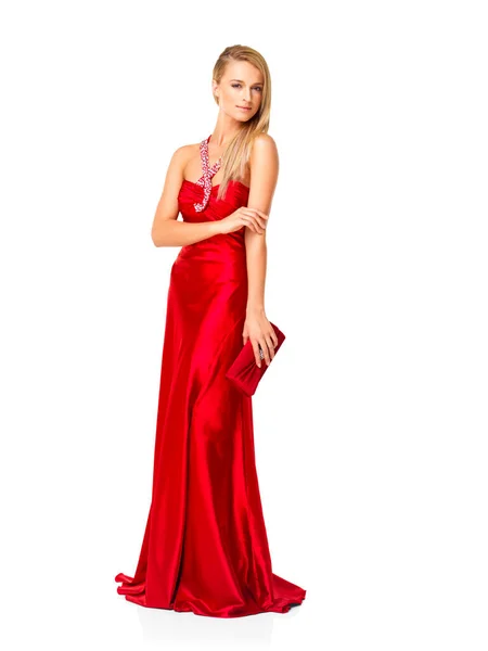 Full Length Portrait Beautiful Woman Red Dress Posing White Background — Stock Photo, Image