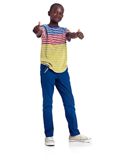 "Je to definitivní Ano. Full length studio shot of an africký teenage boy giving a double thumbs up in front of a white background. — Stock fotografie