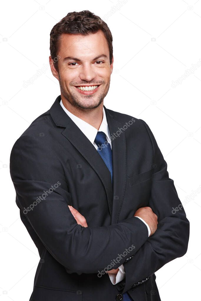 Sure of his success. A handsome young businessman crossing his arms while isolated on a white background.