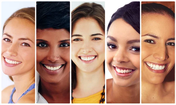 Mosoly és szépség. Vonzó fiatal nők sokszínű csoportjának összetett képe. — Stock Fotó