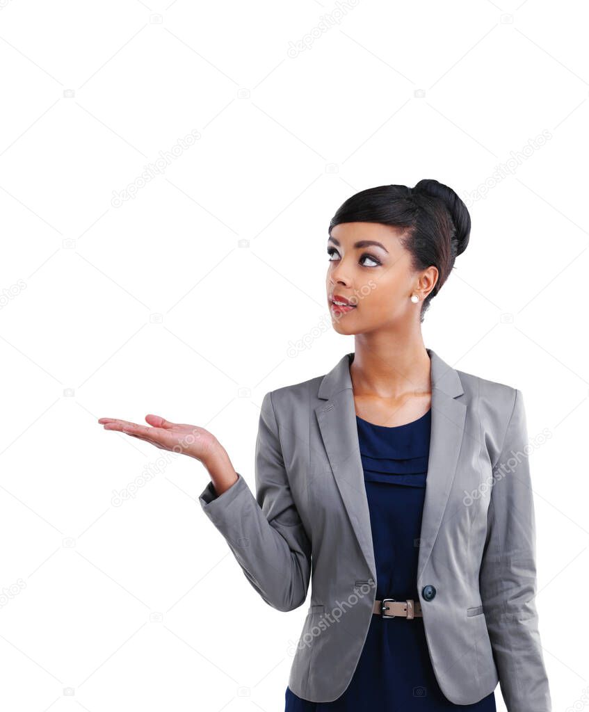 Promoting your product. Cropped shot of a young businesswoman holding copyspace against a white background.