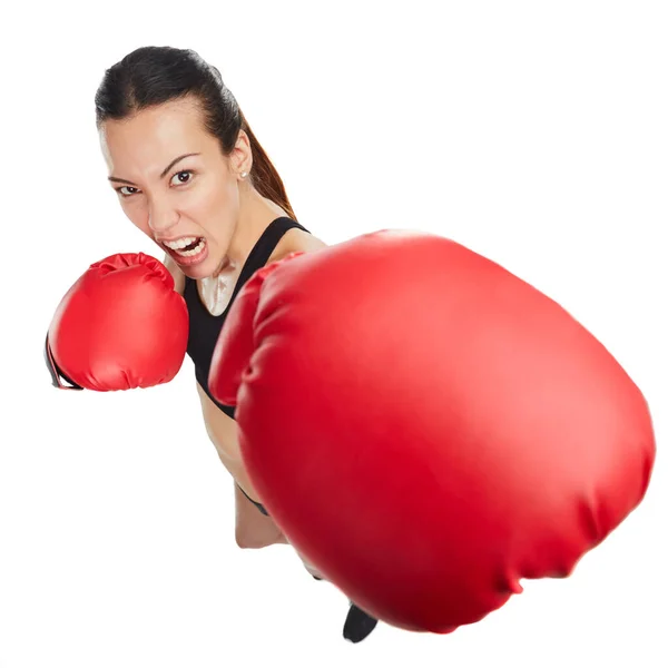 Te metiste con la mujer equivocada. Retrato de alto ángulo de una joven atleta boxeando sobre un fondo blanco. — Foto de Stock