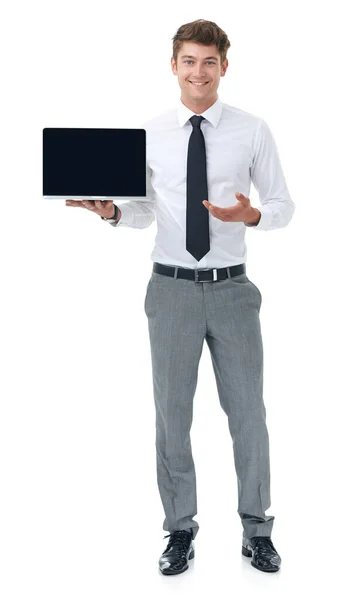 Check out the newest model. A businessman holding a laptop - copyspace. — Stock Photo, Image