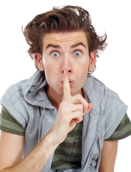 Shhhh.... Joven indicando que te quedes callado con el dedo en los labios - retrato. — Foto de Stock