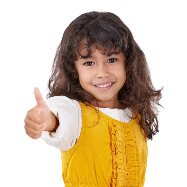 Tiene una actitud positiva. Retrato de una linda niña mostrando un pulgar hacia arriba. —  Fotos de Stock