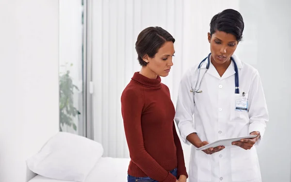 Erklären, um die Sorgen zu lindern. Aufnahme einer Ärztin, die ihrer Patientin mit einer Tablette einen Eingriff erklärt. — Stockfoto