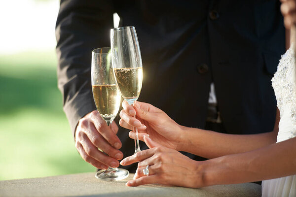 Ready to celebrate their love. Cropped view of a young bride and groom standing together and toasting their marriage.