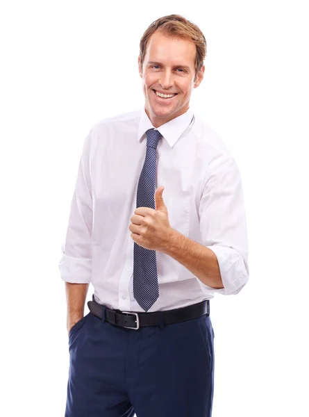 Now youve got it. Portrait of a handsome young business man giving a thumbs up isolated on white. — Stock Photo, Image
