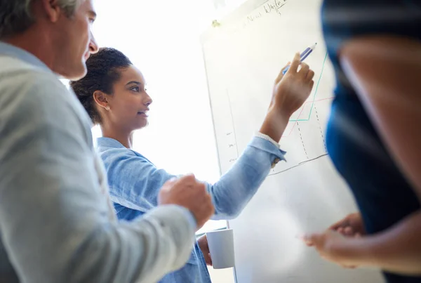 De strategische specialisten. Opname van een groep collega 's die ideeën bespreken terwijl ze bij een whiteboard staan. — Stockfoto