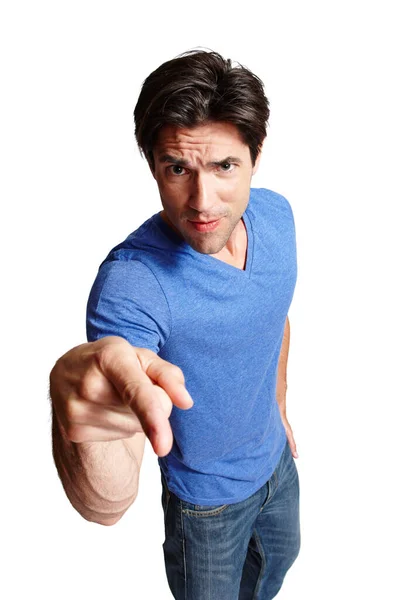 Yes, Im talking to you. Studio portrait of a handsome man frowning while pointing at the camera. — Stock Photo, Image