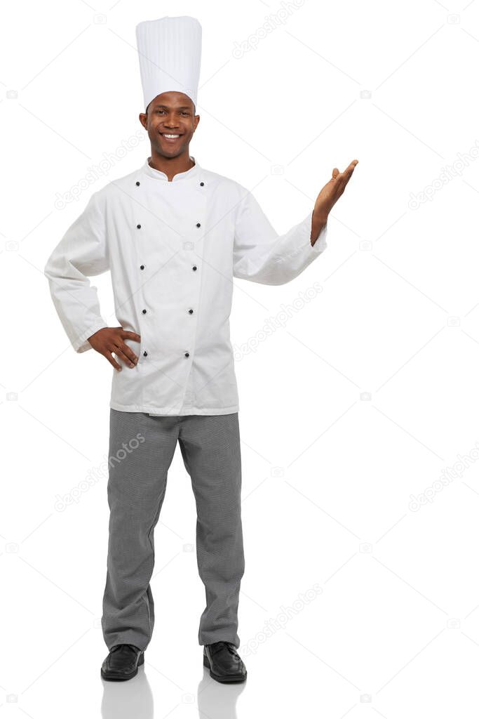 Delicious. A young chef gesturing against a white background.