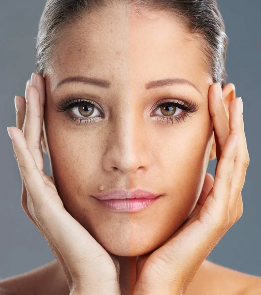 In the eternal pursuit of perfection. Composite shot of a woman with and without makeup. Royalty Free Stock Images