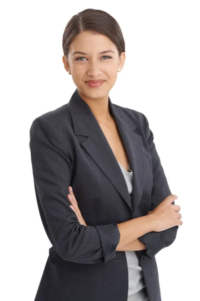 Shes the expert in her field. Studio shot of an attractive young businesswoman isolated on white. — Stock Photo, Image