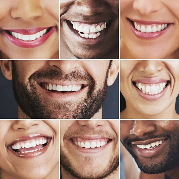 A boldogság ragályos, add tovább. Összetett kép egy sor ember mosolyog. — Stock Fotó