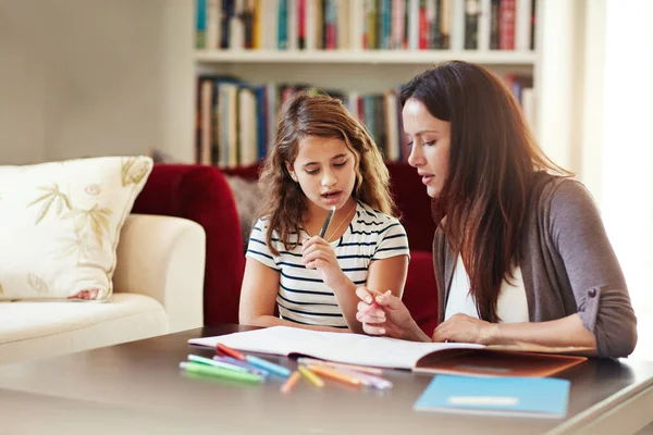 Trying to figure it out together. Shot of a beautiful mother helping her adorable daughter with her homework at home. Royalty Free Stock Images
