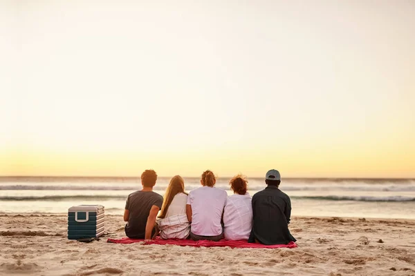 Apreciamos la amistad tanto como apreciamos la naturaleza. Vista trasera de un grupo de amigos viendo la puesta de sol en la playa. — Foto de Stock