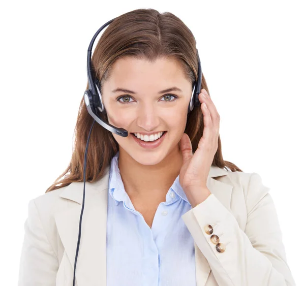 How can I assist you. Closeup studio portrait of a businesswoman talking on a headset isolated on white. — Stock Photo, Image