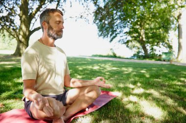 Ağaçların altında huzur. Yakışıklı, olgun bir adamın dışarıda Lotus pozisyonunda meditasyon yaparken çekilmiş fotoğrafı..