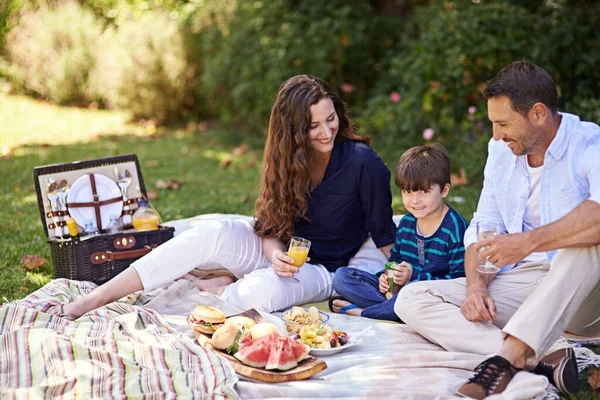 Cieszą się rodzinnym piknikiem. Zdjęcie rodziny cieszącej się wspólnym piknikiem. — Zdjęcie stockowe