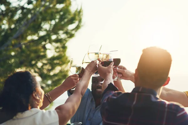 Vamos a criar a los chicos altos. Tiro de un grupo de amigos levantando sus vasos para un brindis mientras se sientan alrededor de una mesa juntos al aire libre. — Foto de Stock