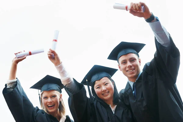 We gaan onze stempel drukken op de wereld. Een groep enthousiaste afgestudeerden die hun diploma 's overeind houden. — Stockfoto