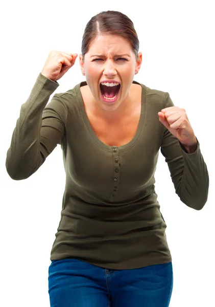 У кожного є ліміт. Студійний знімок молодої жінки, що кричить в гніві ізольовано на білому . — стокове фото