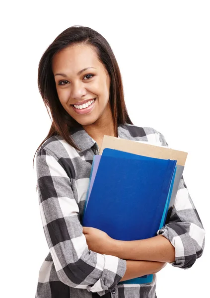 Mantenerse positivo con sus estudios. Retrato de un joven estudiante atractivo sosteniendo un brazo de carpetas. — Foto de Stock