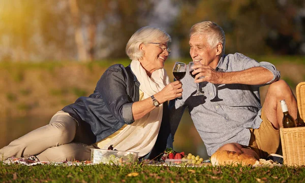 Cinta sejati tak lekang waktu. Ditembak dari pasangan senior yang bahagia menikmati piknik di luar ruangan. — Stok Foto