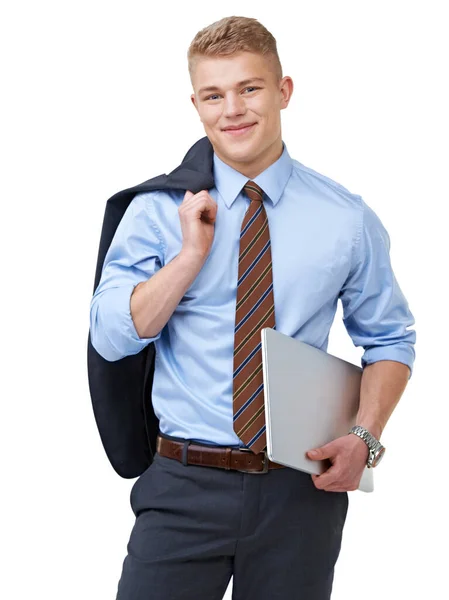 Guapo, exitoso y ambicioso. Un joven hombre de negocios con su chaqueta sobre su hombro sosteniendo un portátil. — Foto de Stock