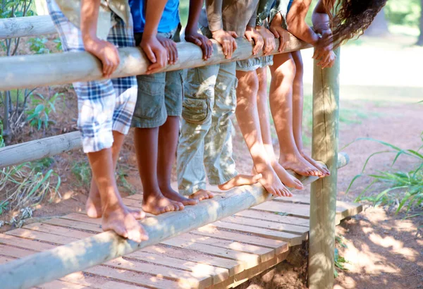 Meraklı bir şekilde dışarıdaki çitlerin üzerinde dengede duran bir grup çocuğun görüntüsü.. — Stok fotoğraf