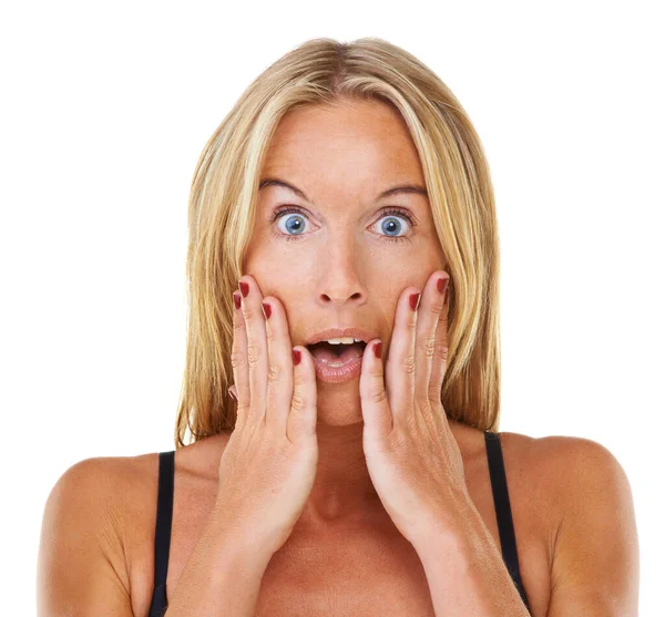 I cant believe it. Portrait of a beautiful blonde looking shocked. — Stock Photo, Image